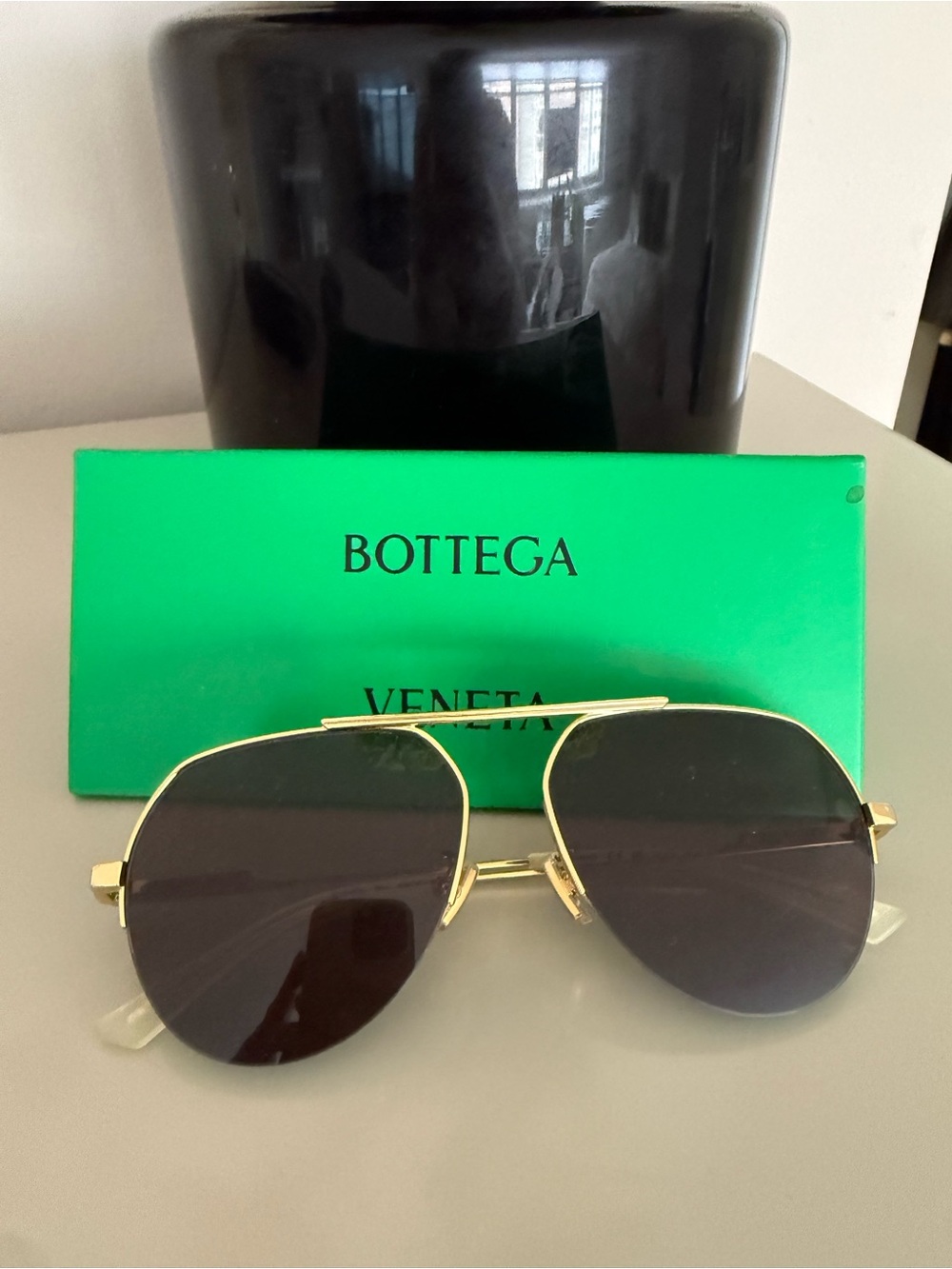 Bottega Veneta Gold Frame Black Lens Aviator Sunglasses